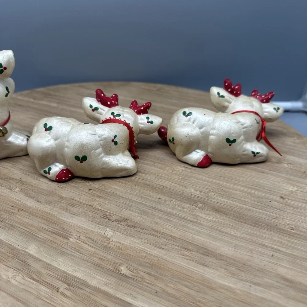 Vintage Christmas Ceramic Sleeping Reindeer Figures Hand Painted Set Kimple 80s